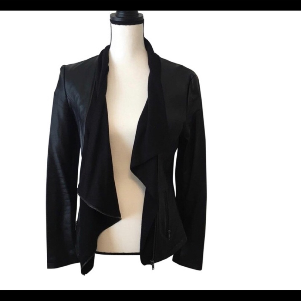 Draped Black Zip Faux Leather Moto Jacket